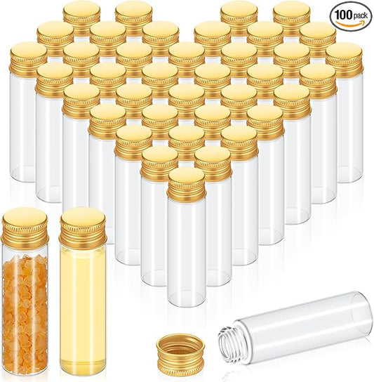 100 Pcs Small Clear Vials Spice Mini Jars with Lids Mini Glass Bottles with Screw Aluminum Metal Caps Tiny Jars Sample Containers for Powder Cream Cosmetic Jewelry Wedding (20 ml,Gold Caps)