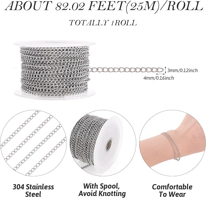 Pandahall 82 Feet/25M Soldered 304 Stainless Steel Curb Chains 4x3x0.6mm - Image 5