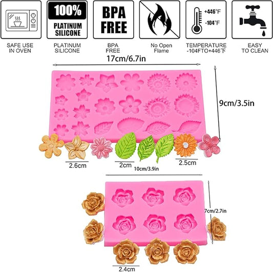 Flower Silicone Veiner Mold Set, Fondant Flower Veining Mold Tulip Orchid Molds Sugar Gum Paste Molds Cake Decoration Tool for Tulips Hibisus Rose Leaf