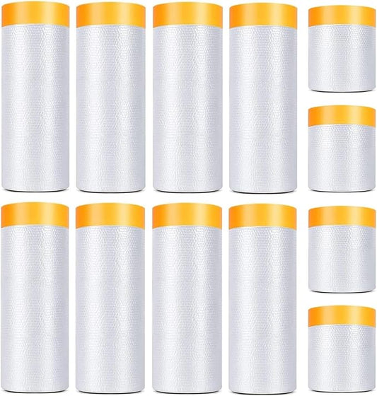 12 Pack Tape and Drape, 3 Sizes Pre-Taped Masking Film Plastic Sheeting Cover Roll, 65.6 Ft/Pack Automotive Painters Masking Tape Film for Furniture, Floor, Skirting