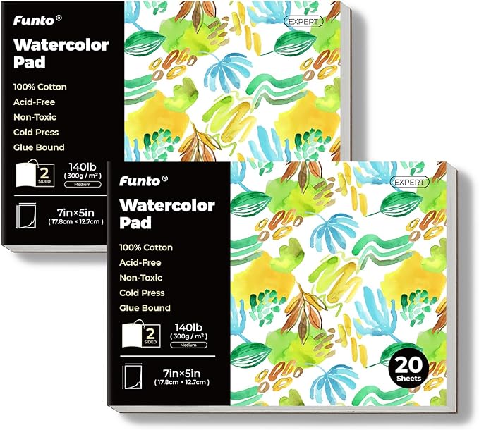 Funto Watercolor Pads, 2 Packs, 100% Cotton, 20 Sheets Each, 7x5, 140lb/300gsm, Glue Bound, Easy Tear Heavyweight Art Paper for Painting