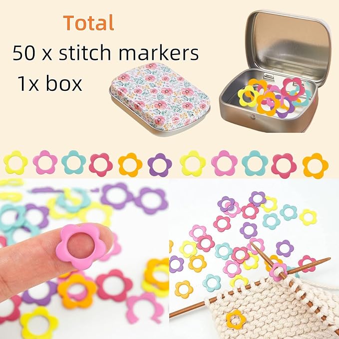 Hilsayum 50Pcs Heart Shape Stitch Markers for Crocheting,Crochet Stitch Markers with Floral Design Small Tin Box