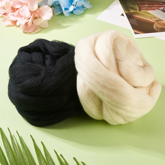 100G Black White Wool Roving for Needle Felting, Soft Chunky Wool Yarn - Image 3