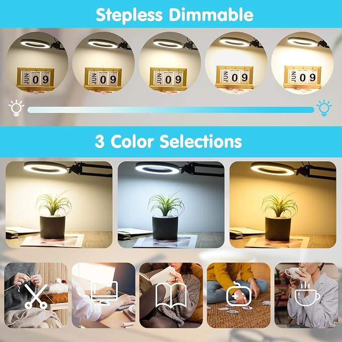 LED Magnifier Desk Lamp with Stand and Clamp, 3 Color Modes & Stepless Dimming - Image 5