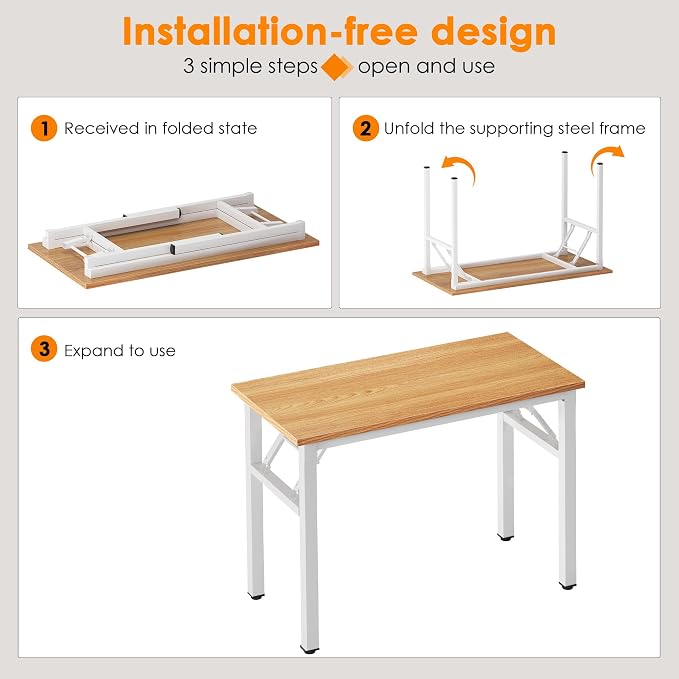 Need Small Folding Computer Desk, 39.4 Inch Writing Table, Teak & White | - Image 4