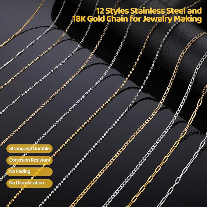Zefy 18K Gold Silver Chain for Jewelry Making Kit, 39.6ft 12 Rolls Stainless - Image 2