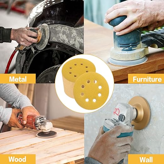 100PCS 5 Inch 8 Hole Sanding Discs 100 Grit,Gold Round Hook and Loop Sandpaper for Random Orbital Sander