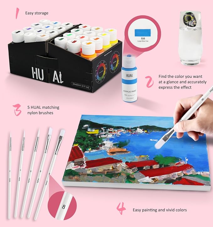HUAL Acrylic Paint Set With 5 Brushes, 24 Colors - Image 8