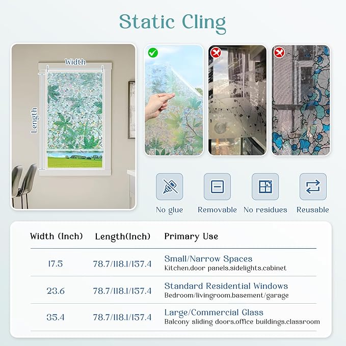 Haton Window Privacy Film, Decorative Stained Glass Window Clings, 3D UV Sun Blocking Sticker, Removable Static Cling Heat Control Tint for Home Door, Leaf Rainbow, 23.6" x 157.4" Non-Adhesive