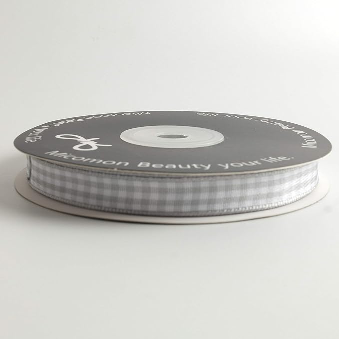 Gray Gingham Plaid Checked Ribbon 25 Yards Each Roll 100% Polyester (3/8",Gray)