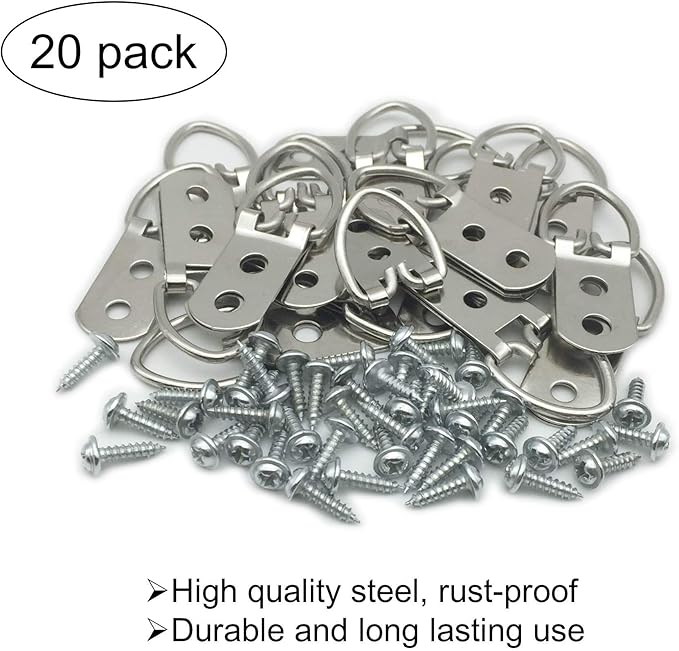 20 Pack D-Ring Steel Picture Hangers Heavy Duty with Screws Picture Frames Double Holes Clasp Picture Hang Solutions, for Hanging Clock Paintings Artwork Picture Frame Hook Photos Mirrors