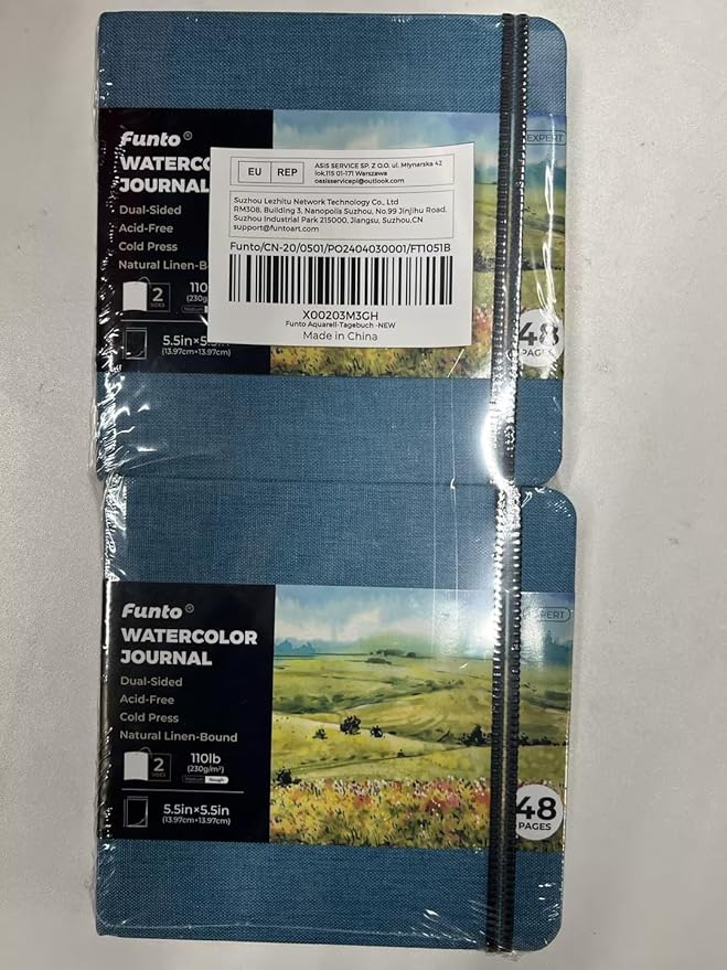 Funto Watercolor Journal, Square, 5.5x5.5, Portable 2-Pack, 48 Pages Each, Blue Cover, 110lb/230gsm, Art Supplies for Mixed Media