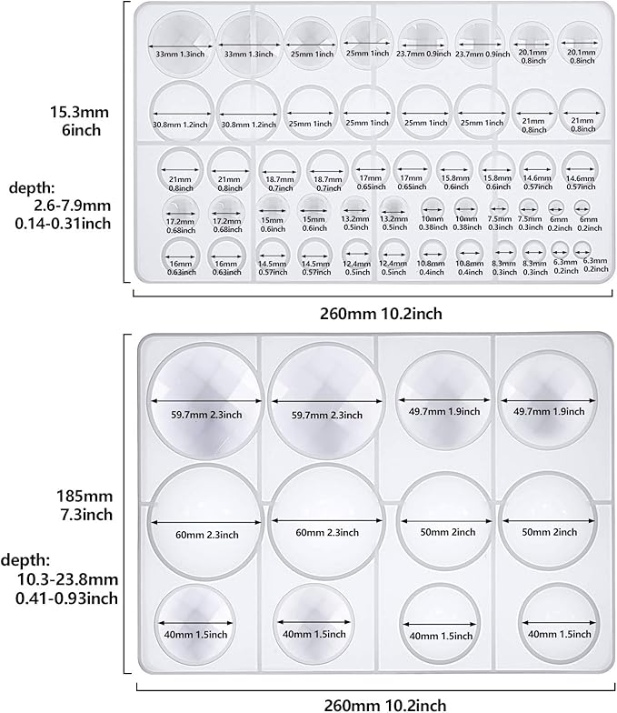 FUNSHOWCASE Cabochon Gem Resin Silicone Molds for Cake Decoration, Polymer Clay, UV Epoxy Urethane Polyresin Jewelry Making, Faceted and Round Domes Set of 2 Trays Circle Diameter 0.2-2.3inch