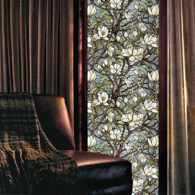 White Magnolia Floral Tree Green Leaf Vintage Stained Glass Window Films - Image 2
