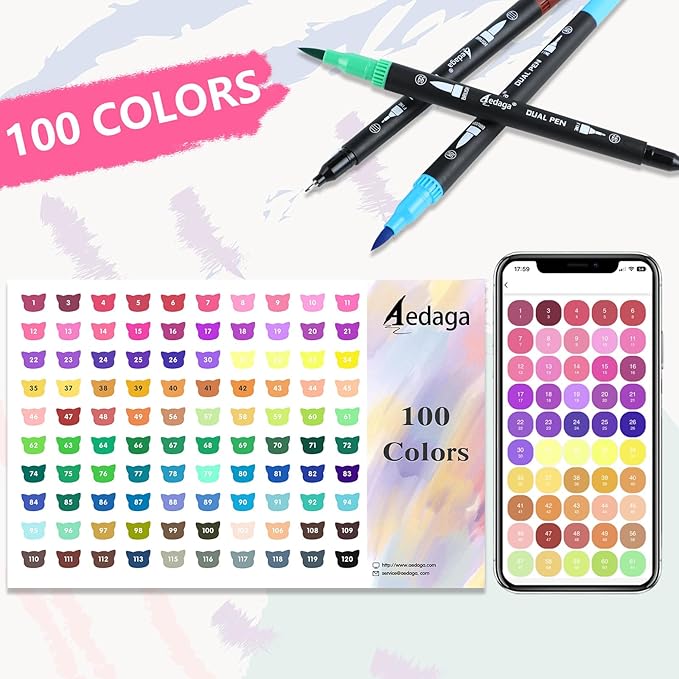 100 Colors Numbered Dual Tip Brush Pens with Free App, Fine and Brush Tips Pens for Adults and Kids, Coloring Markers for Coloring Book Bullet Journaling Note Taking Planner Hand Lettering