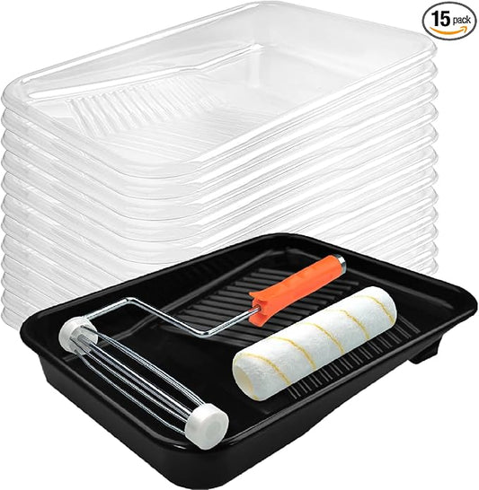 Great Andrew 9 Inch Paint Tray Set, 15-Pack, Plastic Paint Tray with 12 Textured Tray Liners, Paint Roller Liners Kit with Roller and Wire Roller Frame for Painting Walls, Ceilings, Trim, Siding