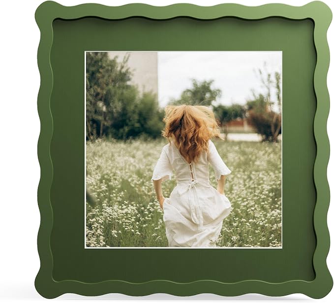 10x10 Picture Frame with Mat for 8x8, Wavy Edge Wooden Real Glass Photo Frame by THKRLOF