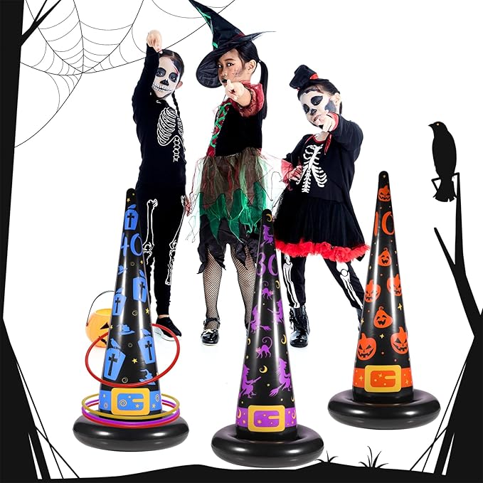 Halloween Ring Toss Game Set, 5Pcs Inflatable Witch Hats with 10Pcs Colorful Plastic Rings and Air Pump for Halloween Party Games Super Fun Indoor Outdoor Party Supplies