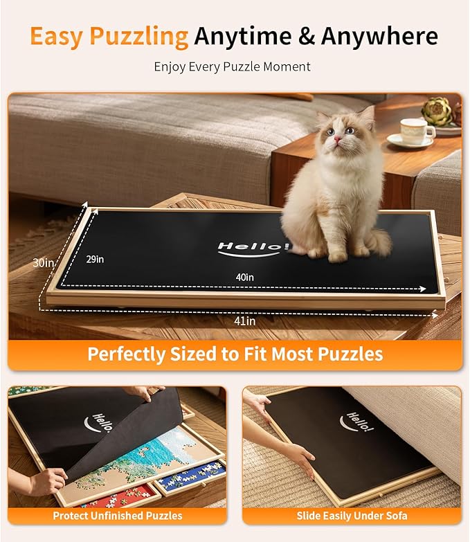 2000 Piece Rotating Puzzle Board Pro, 40" x 29" with 6 Drawers, Rubber Cover Mat, 360° Lasy Susan, Sort-Wise Colorful Felt Drawers & 4 Trays, Wooden Jigsaw Puzzle Table, Birthday Gifts for Mom