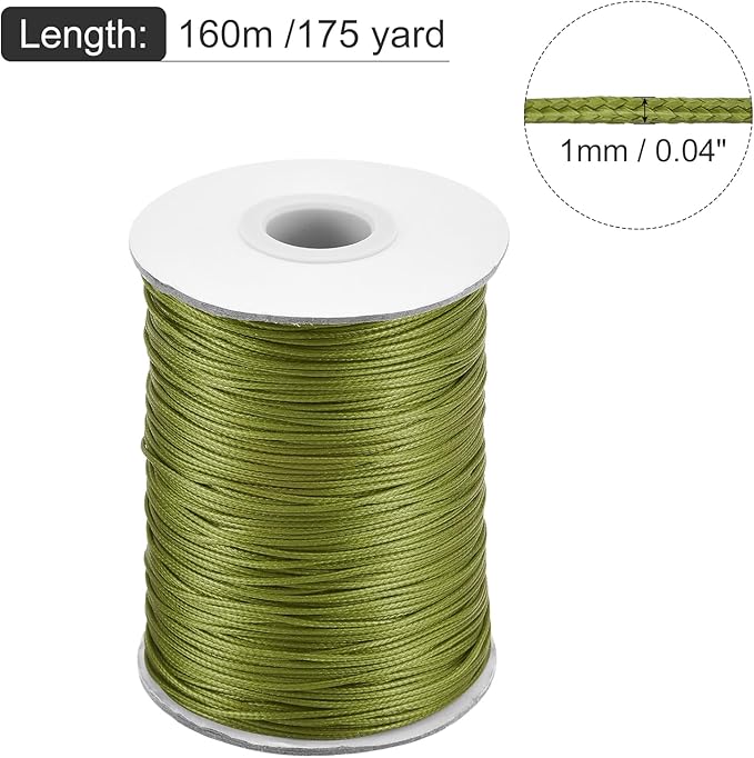 MECCANIXITY Waxed Cord 1mm Waxed Polyester Cord 175 Yard Wax String for Bracelet Making,Necklaces, Beading,Jewelry Making and DIY Crafts(Army Green), 0.04 inch-Dia