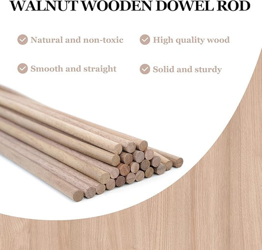 24pcs Wooden Dowel Rods, 3/8 X 12 Inch Long Walnut Dowel Rod Wooden Sticks for Crafts, Round Wood Filler Sticks, Unfinished Wood Dowels for Woodworking Building Material Window Cake Support
