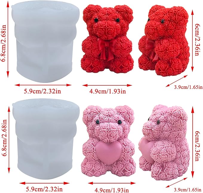 2PCS Rose Bear Silicone Mold,3D Teddy Bear Candle Making Molds,Silicone Epoxy Resin Mould,Ornament for DIY Wax Candle Art Craft Cake Chocolate Home Decor Valentine Gifts Birthday Gift（MINI）