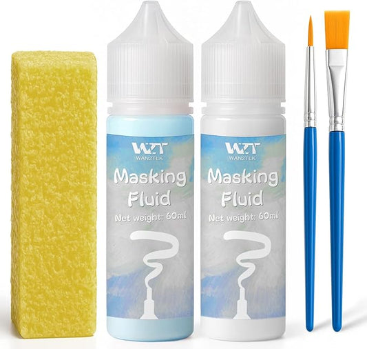 2Pcs Masking Fluid for Watercolor Painting with a Paintbrush and Eraser - Art Masking Fluid Pen Watercolor Medium Art Supplies for Artists - 60ml Blue+60ml White