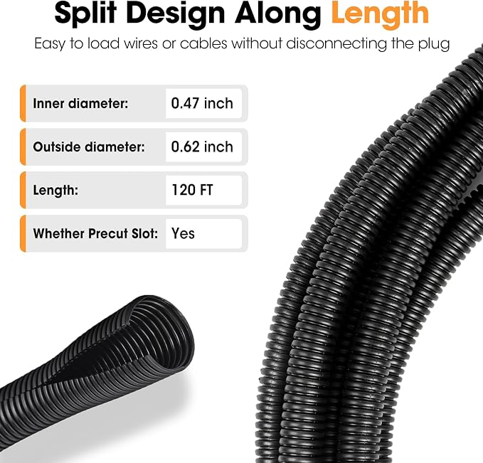 120 FT Wire Loom 1/2 Inch, Split Wire Loom Tubing Wire Conduit, Wire Protector - Image 3