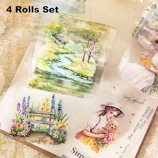 Girl and Scenic PET Tape Set, 4 Rolls Pre-Cut Adhesive Tapes for Scrapbooking, Junk Journaling, DIY Crafts, and Art Supplies