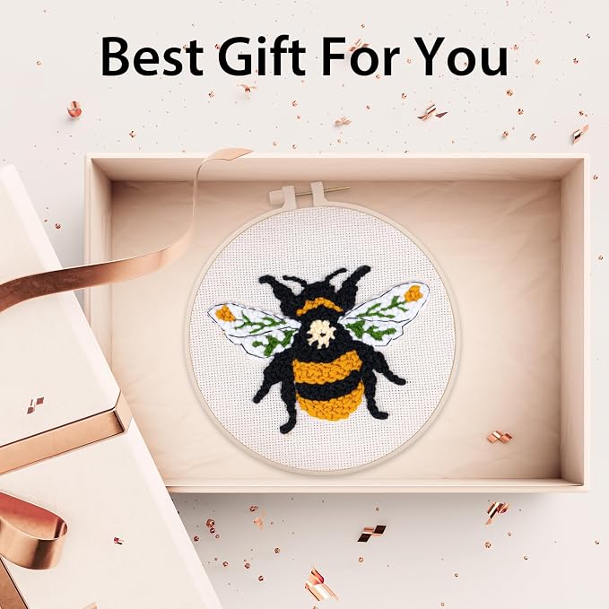 Nuberlic Punch Needle Kit for Beginners Cute Bee Pattern DIY Hoop Embroidery - Image 3