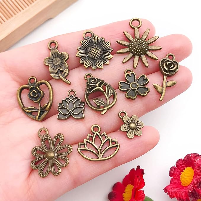 WOCRAFT 60pcs Antique Bronze Flowers Bracelet Charms - Image 2