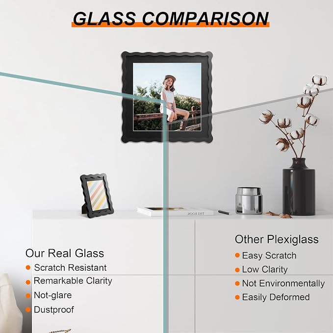 8x8 Picture Frame with Mat for 6x6, Wavy Edge Wooden Real Glass Photo Frame for - Image 2