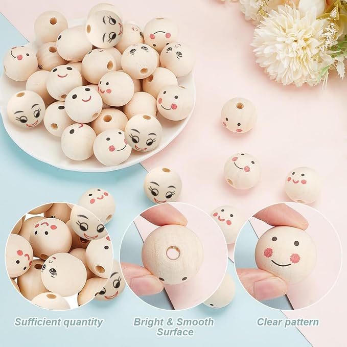 OLYCRAFT 40Pcs 5 Style Smiling Face Wooden Beads 25mm Round Painted Wooden Beads - Image 4