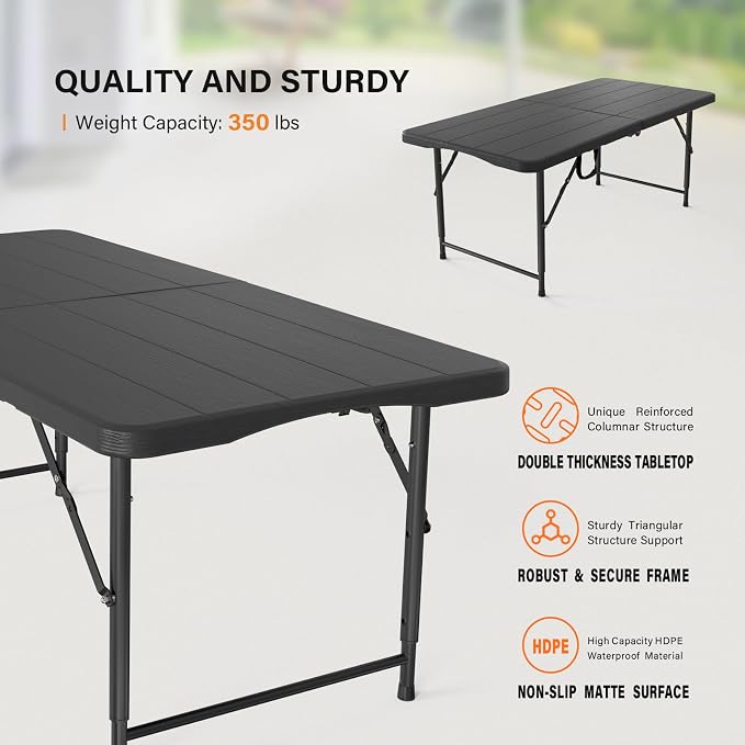 VINGLI 4 FT Plastic Folding Camping Table, 3-Level Adjustable Height, Portable - Image 4