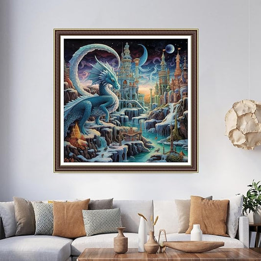 Foxhool Beginners Cross Stitch Kits Stamped Full Range of Embroidery Kits for Adults DIY Cross Stitches kit Embroidery Patterns for Needlepoint kit-Dragon and Castle 17.7x17.7 inch