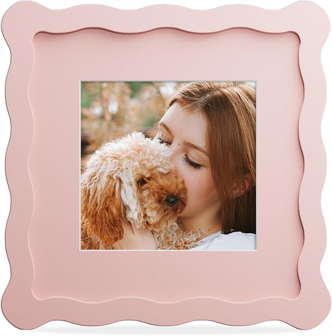 6x6 Picture Frame with Mat for 4x4, Wavy Edge Wooden Real Glass Photo Frame for by THKRLOF