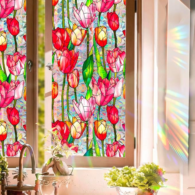 JOONOR Retro Tulip Flowers Window Privacy Film, Stained Glass Decals Colorful - Image 2