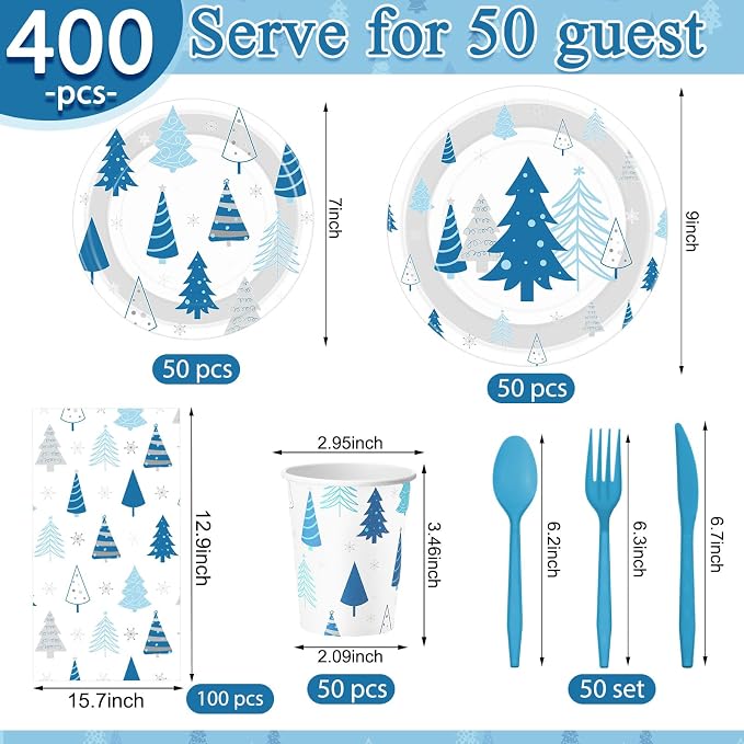Pickmesh 400 Pcs Winter Party Supplies Blue Silver Xmas Tree Snowflake - Image 2
