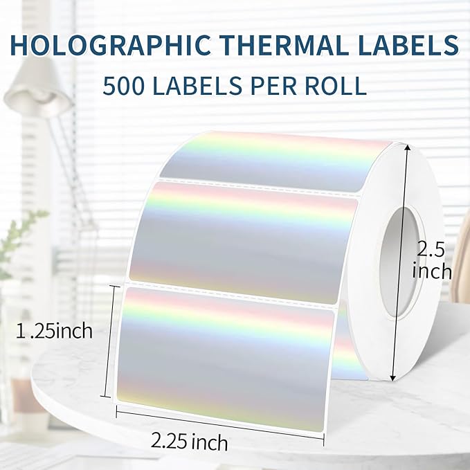 1.25" x 2.25" Holographic Thermal Label Stickers,Printable Rainbow Glitter Thermal Printer Sticker Labels for Gift Wrapping, Self-Adhesive Name Price Tag DIY Custom Logo Design (500 pcs)
