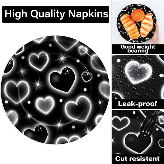 Qyeahkj 100 Pcs 2000s Party Plates Napkins Forks Set Black Heart Tableware - Image 4