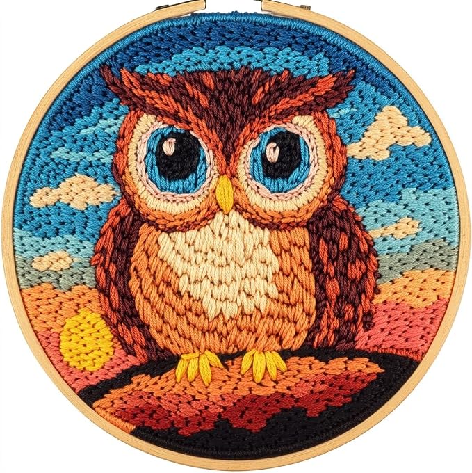 DIY Punch Needle Kits Owl with Sunset with Hoop 20x20cm-1 | with Pattern by Unknown