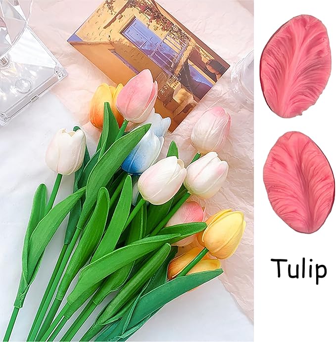 Gumpaste Flower Silicone Veiner Mold 8 Set, Fondant Flower Mold Leaf Tulip Orchid Molds Sugar Gum Paste Molds Cake Decoration Tool for Rose Lily Orchid Tulips Hibisus Rose Leaf (A)
