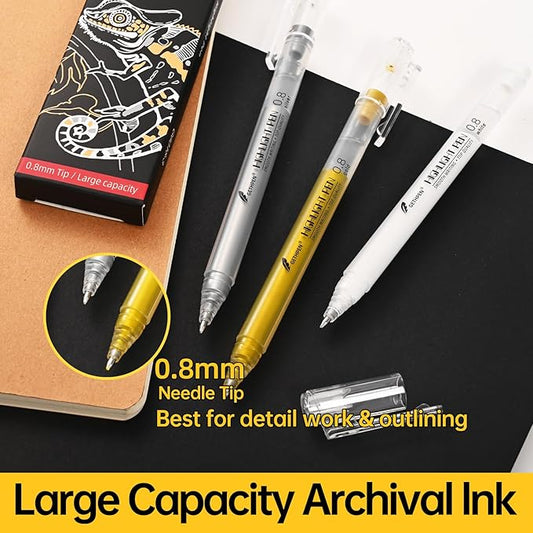 0.8mm Extra Fine Point 3 Colors Gel Pen Set White,Gold and Silver Gel Ink Pens for Artists Drawing on Black Paper, Sketching, Bullet Journaling & Holiday Crafts