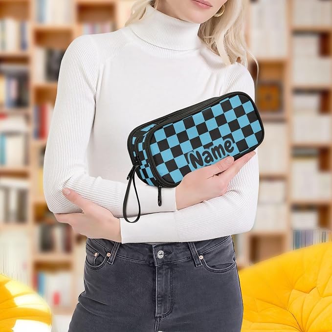 Custom Black Blue Checkered Pattern Pencil Case Box Boys Girls Personalized - Image 8