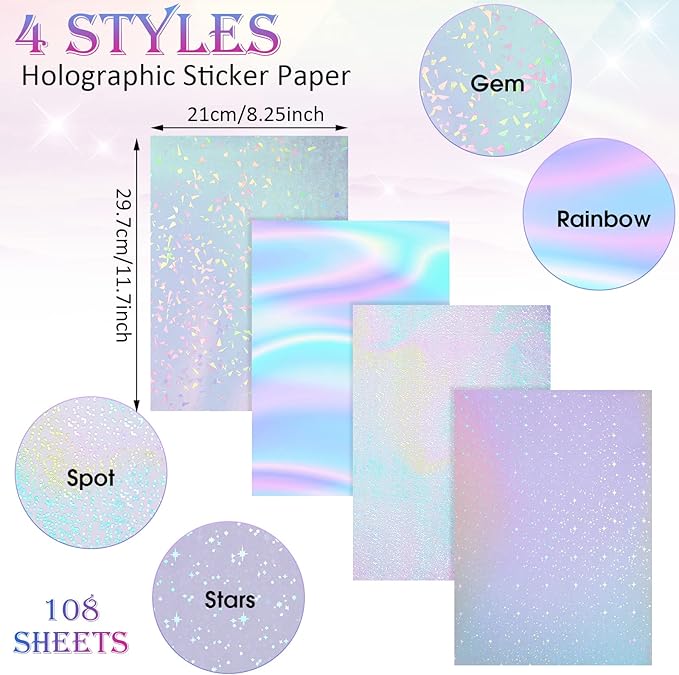 108 Sheets Holographic Sticker Paper Clear A4 Vinyl Sticker Laminate Sheets Adhesive Holographic Overlay Waterproof Transparent Film with Gem, Colorful, Dot, Star, 11.7 x 8.3 Inch
