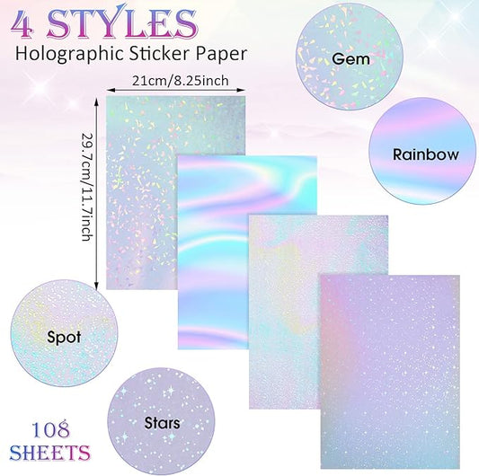 108 Sheets Holographic Sticker Paper Clear A4 Vinyl Sticker Laminate Sheets Adhesive Holographic Overlay Waterproof Transparent Film with Gem, Colorful, Dot, Star, 11.7 x 8.3 Inch