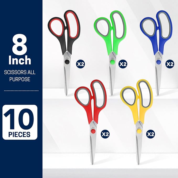 BURVAGY 8" 10 Pack All Purpose Heavy Duty Scissors- Comfort-Grip Sharp Scissors - Image 3