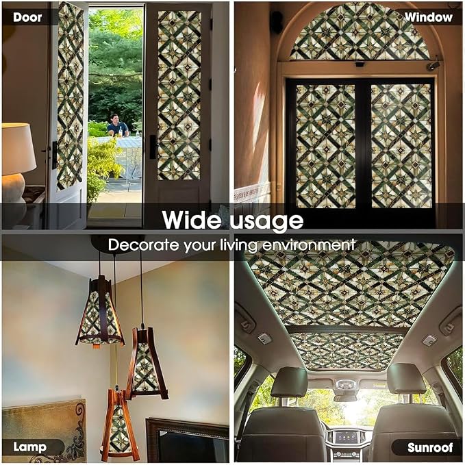 Boho Golden Vintage Geometric Dark Green Ethnic Stained Glass Window Films - Image 5