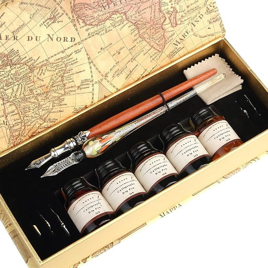 GC QUILL MU-02 Calligraphy Pen Set, Glass Dip Pen and Handcrafted Wooden Dip Pen Gift Set with 5 Colors Calligraphy Ink 6 Nibs, Calligraphy Set for Beginners