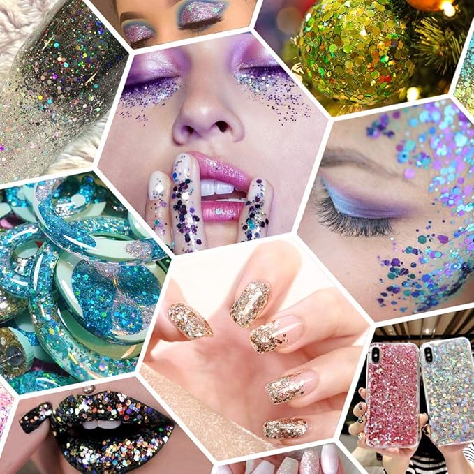 Holographic Chunky Glitter, 5.64oz/160g Craft Glitter Powder Mixed Chunky & Fine Flakes, Iridescent Sequins for Nail Art, Hair, Body, Eye Epoxy Resin, Tumblers, Painting, Festival Decor (Fuchsia)